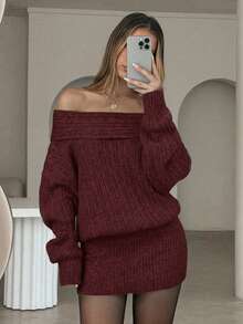 Aloruh Đầm ôm body mini hở vai thanh lịch và gợi cảm dành cho nữ, tay dài, màu trơn, trang phục thu đông dành cho nữ - Màu Đỏ Sâu - Xem 3