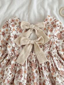 Loomiva Young Girl Floral Print Round Neck Puff Sleeve Waist Cinched Dress - Multicolor - View 2