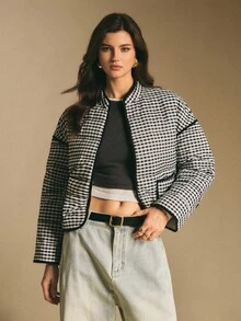 Poéselle 女式格子落肩长袖休闲宽松冬季夹克 - 黑與白 - 查看 3