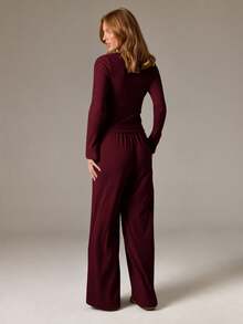 AiiRZ Women Ribbed Knit Coordinated Set Button Up Cardigan Wide Leg Drawstring Pants Loungewear Fall Winter Relaxed Fit Modern Two Piece Outfit - Burgundy - View 2