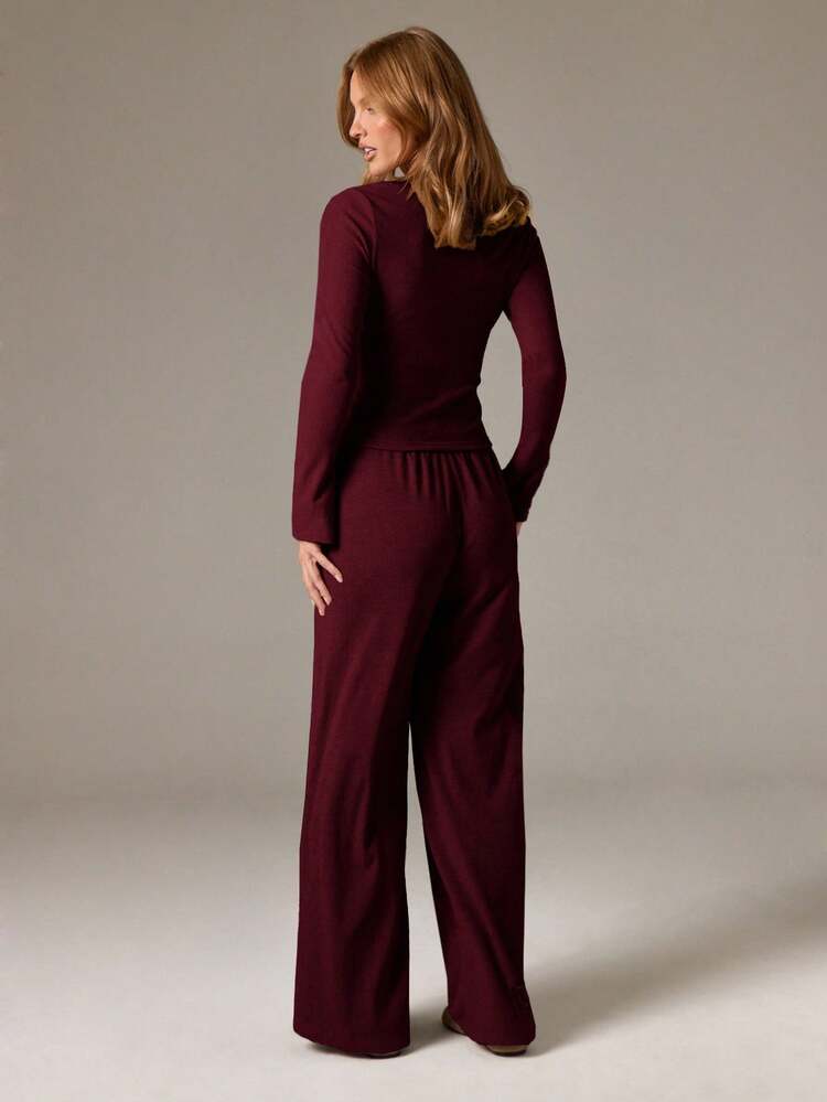 Ribbed Knit Cardigan And Wide Leg Pants Set