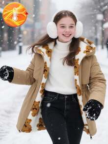 SHEIN Older Tween Girl' Fleece Hooded Waist Cinched Casual Fashionable Winter Jacket For Girls Fall - Khaki - View 8