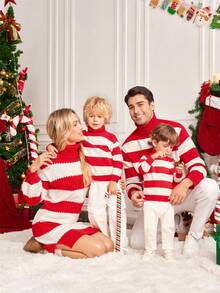 SHEIN 4pcs Family Matching Outfits Mommy And Me, Red & White Thick High Neck Pullover Sweater, Suitable For Home, Outings, Christmas, Color Block Patchwork, Fleece/Thickened, Suitable For Christmas Autumn Winter - Red and White - View 1