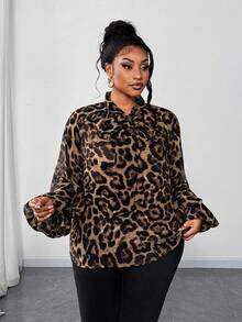 Maweii Plus Size Women Elegant Leopard Print Chiffon Fabric Front Tie Bow Collar Puff Sleeve Blouse, Fashion Design For Party, Night Date, New Autumn Long Sleeve Shirt