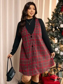 Elaquor Plus Size Casual Plaid Dress + Black Knit T-Shirt 2 Piece Set, Minimalist Red Plaid, Suitable For Christmas Party/Winter - Multicolor - View 5