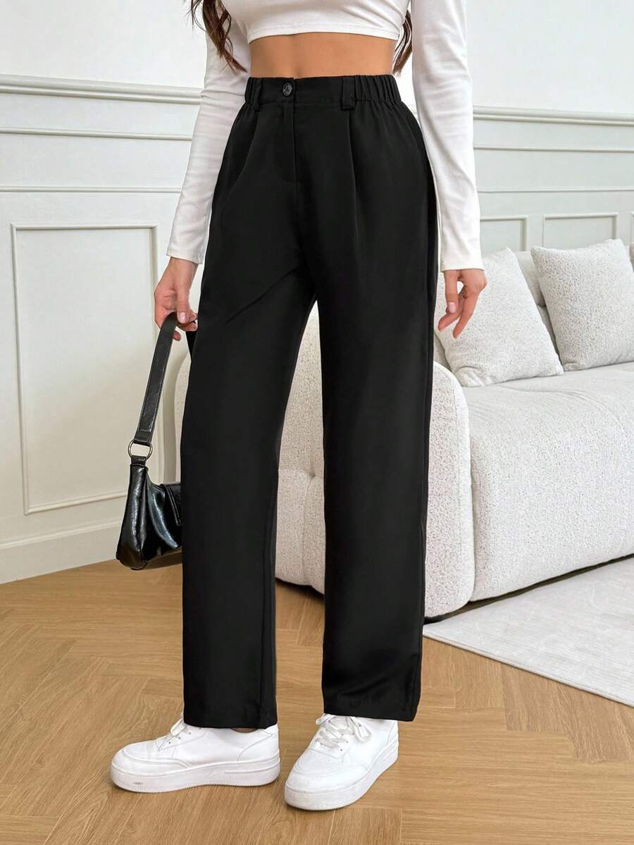 SHEIN Tall 女士休闲黑色高腰直筒裤 - 黑色 - 查看 1