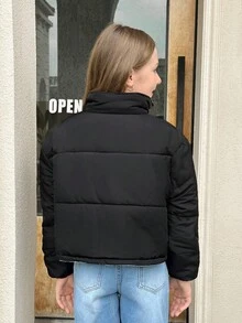 SHEIN Áo khoác đệm 2 trong 1 có thể đảo ngược, phù hợp cho bé gái tuổi teen mặc thường ngày, trở lại trường, lễ nghi, mặc hàng ngày, đi học, du lịch, thể thao, mùa đông - Đen và trắng - Xem 7