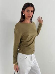 Aloruh Camiseta de manga larga holgada con cuello drapeado y espalda descubierta para mujer, nueva para otoño/invierno - Verde Oliva - Ver 6