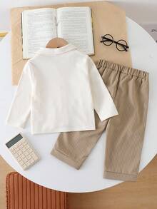 2 Stücke/Set Kleinkind Jungen Langarm Kragen Geripptes Lässig Weiches Hemd und Khaki Vertikal Gerippte Hose Set, Weihnachten - Aprikosenfarben - Übersicht 2