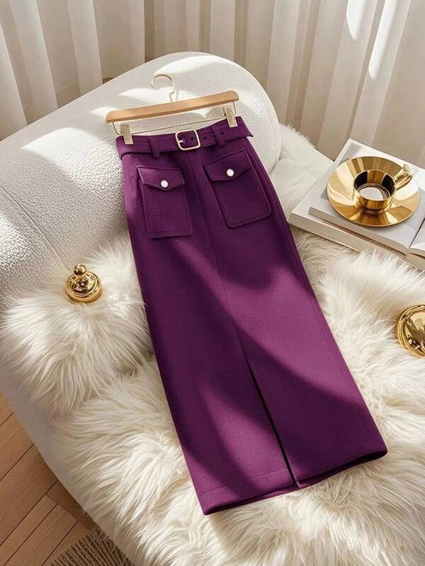 GlowEve Purple Elegant Belted Slit Skirt, Autumn/Winter