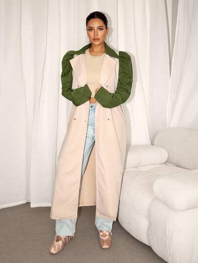 Zolique Abrigo casual de trinchera de doble botonadura con mangas gigot, hombros con epaulette y color contrastante jaspeado para mujer