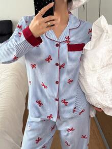 Women's Striped Bow Print Long Sleeve Top And Pants Pajama Set, Cute And Fresh, Suitable For Spring/Autumn Holidays Striped Pajamas Pajama With Bow, Fall Winter Clothes Bow Print Pajamas