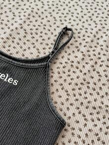 SHEIN Teen Girls 2pcs Set: Embroidered Knit Cami Bodysuit And Casual Vintage Style Acid-Washed Pants, Spring/Summer Cozy Fall & Winter Styles Suitable For Autumn/Winter Daily Wear,Street Style, Home Suitable For New Year, Daily, Celebration, Autumn & Winter Outfits For Easy Comfort, Autumn & Winter Layers For Girls, Stylish Girls