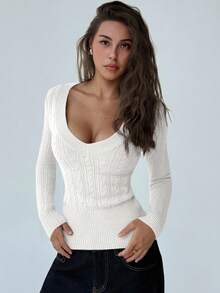 Aloruh Fashionable Deep V-Neck Long Sleeve Fitted Vintage Cable Knit Pullover Sweater,Elegant White Autumn Casual Top For Women,Versatile Date Knitwear - White - View 8