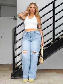 Arliah 女式前扣口袋做旧洗水直筒牛仔裤 - 淺色水洗藍 - 查看 3