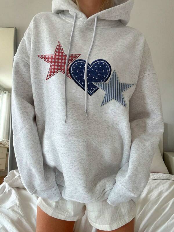 CovetEZ Casual Minimalist Patchwork Embroidered Graphic Print Loose Fit Hoodie Sweatshirt For Women Autumn Winter Clothes For Women