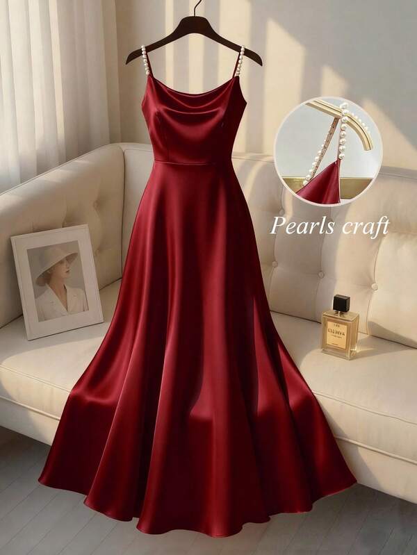 SHEIN Franclia Women's Elegant Satin Sheen Pearl Slip Dress, A-Line Silhouette, Suitable For Commute, Party, And Events