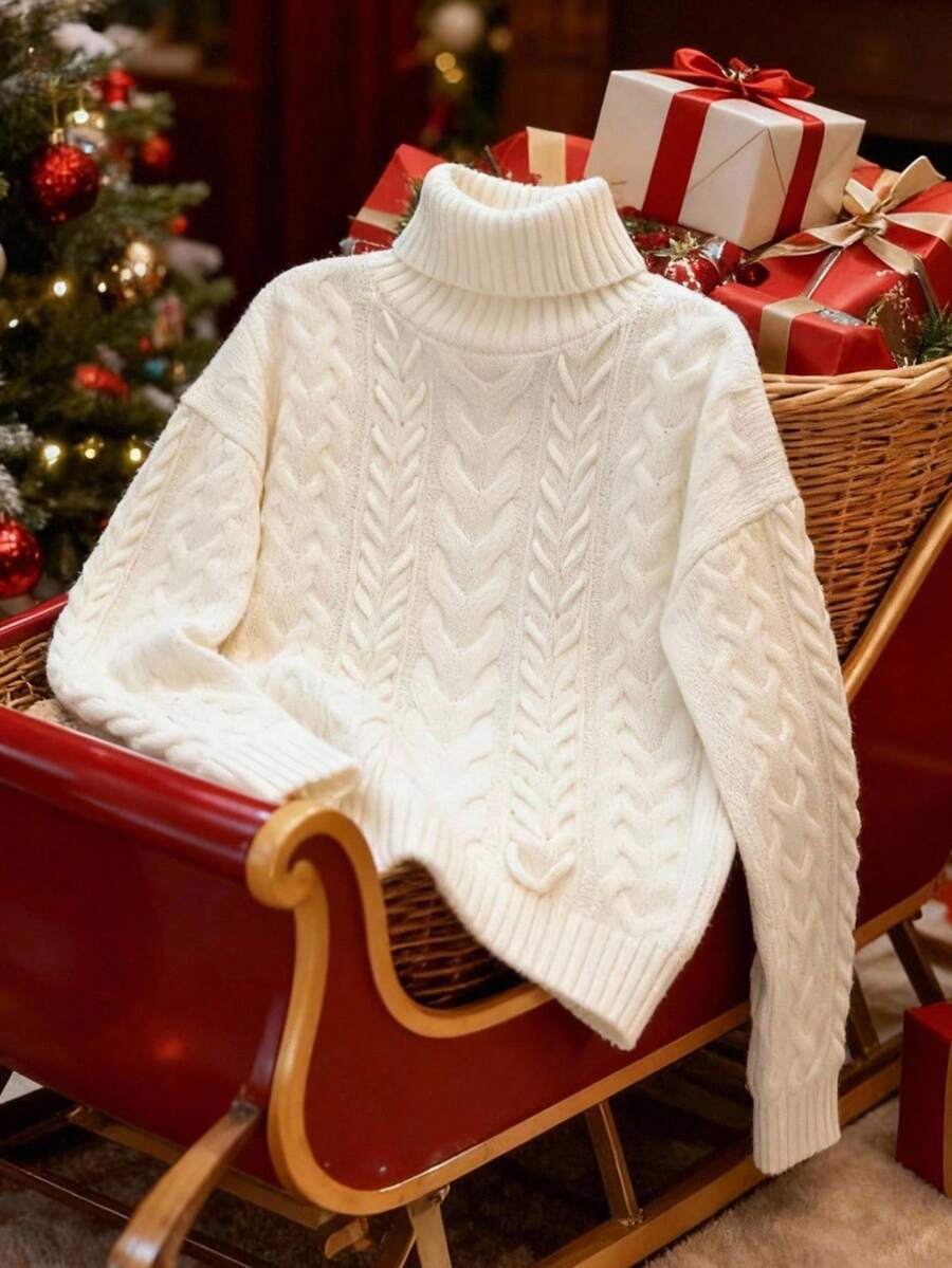 Franclia French Retro Casual Vacation Daily Commute Versatile Elegant College Style Turtleneck Long Sleeve Hand-Woven Rope Casual Minimalist Spring Autumn Winter Women Loose Fit Pullover Turtleneck Sweater, Beige Christmas