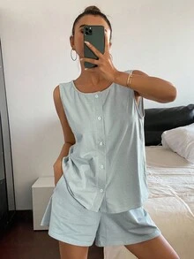 Livesso 女士简约条纹无袖上衣和宽松短裤睡衣套装、家居服、服装 - 藍白色 - 查看 5