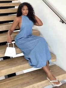 Alexandranx 女士青年布牛仔挂脖露背长裙，秋季女装，假日，复古连衣裙，女士端庄连衣裙 - 淺色水洗藍 - 查看 5