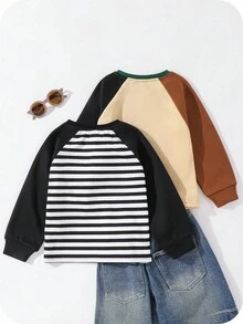 SHEIN 2 件套年轻男童休闲插肩袖拼色刺绣圆领运动衫，温暖舒适，适合户外、学校、日常穿着，适合秋冬季 - 彩色 - 查看 2