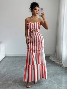 Elenzga 2025 年夏季新款裹胸优雅蓝白条纹性感时尚女士百搭优雅系腰露肩细肩带可变换连衣裙，适合约会、郊游、度假、节日、独立日、返校、教师装、婚礼、派对、音乐节、啤酒节、万圣节、感恩节 - 紅色 - 查看 3