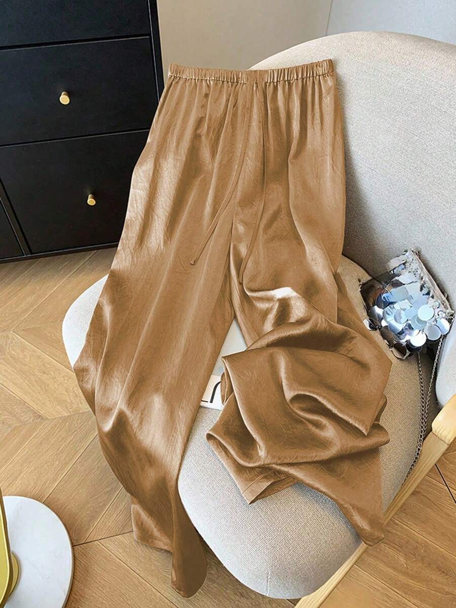 SHEIN LUNE 女士醋酸纤维纹理宽松舒适休闲阔腿裤 - 黃色 - 查看 1