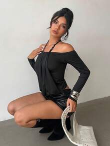 Aloruh Women's Fashion Commuter Rivet Decor Cold Shoulder Halter Top, Fall Autumn Back To School Homecoming Rave Festival Country Concert Ibiza - Black - View 8