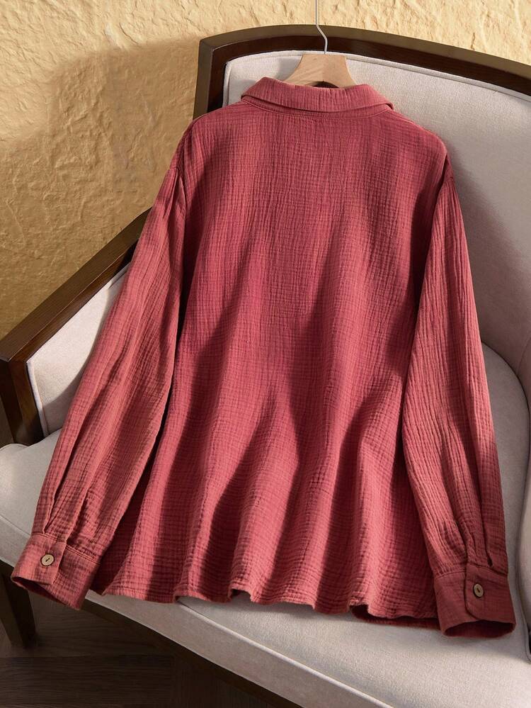 Plus Size Women Fall Country Casual Red Distressed Solid Color Long Sleeve Blouse Shirt Top With Pockets, Autumn/Winter,Going Out,2025 New,Simple And Fashionable For Everyday Wear, Christmas,New Year,Comfortable And Breathable,Christmas,New Year