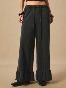 Easelle Pantalones de chándal rectos de cintura elástica y cordón en unicolor para mujer - Negro - Ver 2
