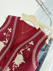 Breezaya Women's Floral Embroidered Casual Versatile Sleeveless Lightweight Jacket