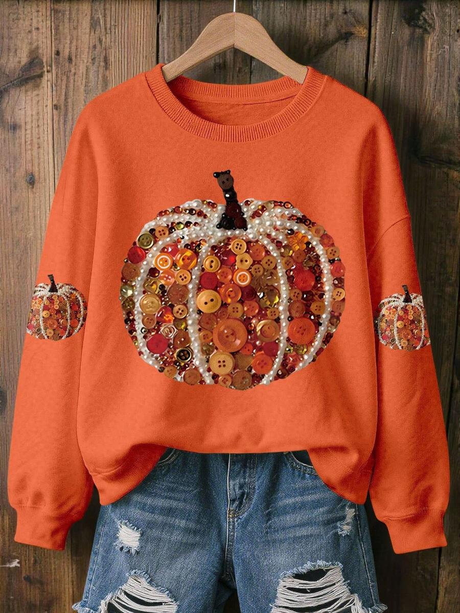 EMERY ROSE 女式南瓜图案圆领长袖舒适彩色上衣，万圣节礼物运动衫 - 橘色 - 查看 1