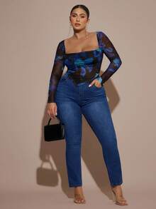 SHEIN BAE Plus Size High Waist Water Wash Jeans - Dark Wash - View 3