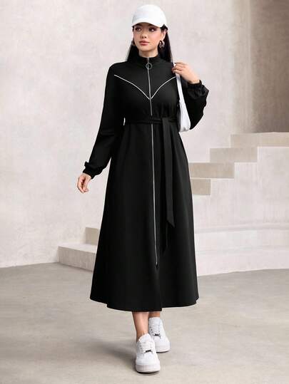 Graceveil Elegant Waist Cinched Long Sleeve Stand Collar Minimalist Design Outerwear, Flattering Silhouette, Suitable For Autumn/Winter Abayas