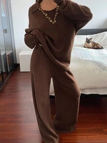 Dazy-Less Women's Casual Business Elegant Round Neck Knit Sweater And Loose Pants 2 Pieces Set, Autumn/Winter