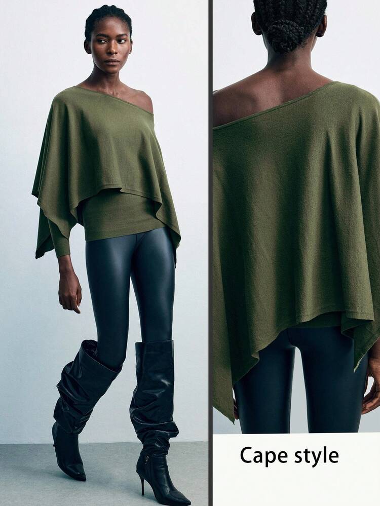 SHEIN Maija Women Solid Color Batwing Sleeve Loose Fashion Sweater Asymmetrical Top One Sleeve Top Olive Green Top Asymmetrical Blouse One Shoulder Top In Fall/Winter