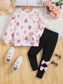 2pcs Young Girls Knitted Textured Digital Print Cute Heart Pattern Layered Colorful T-Shirt Set, With Floral Trim Sleeves Design, Suitable For All Seasons - Multicolor - View 3