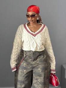 Maweii Sweater Wanita Ukuran Besar Lengan Panjang Leher V Warna Kontras Longgar dan Kasual untuk Musim Dingin dan Gugur - MultiWarna - View 7