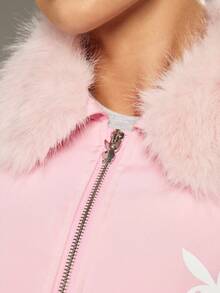Missguided x Playboy 超大号羽绒冬季大衣，配有人造毛领和袖口，带衬垫外套 - 粉色 - 查看 6
