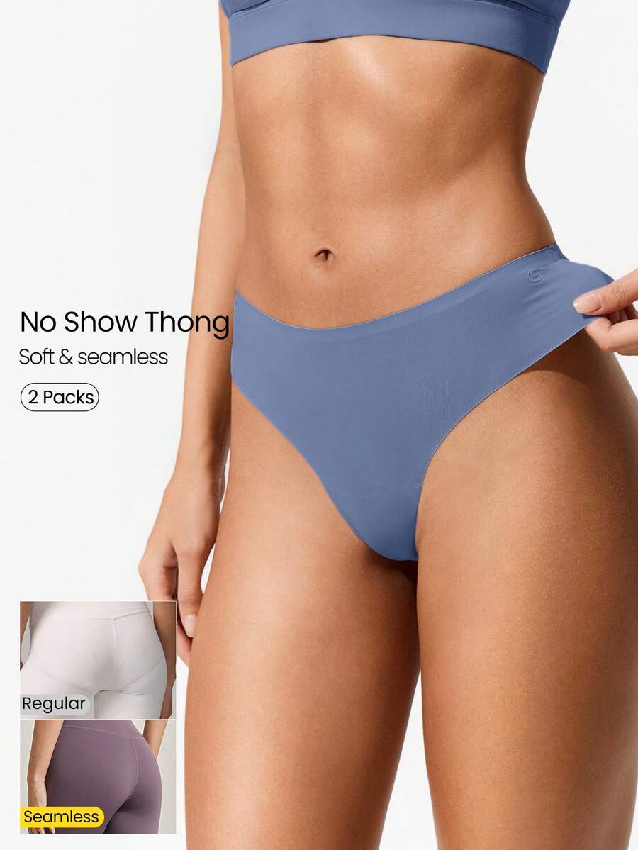 GLOWMODE 2 Packs Lightweight Breathable Sweat-Wicking Medium-Waist Seamless No-Show Thong Underwear Daily Workout