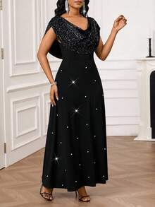 SHEIN Lady 女士时尚派对珍珠缀饰超长连衣裙 - 黑色 - 查看 3