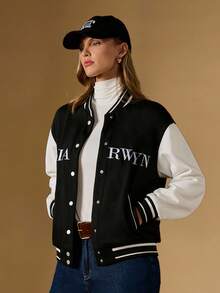 Briarwyn Women's Casual Color Block Letter Embroidery Baseball Jacket, Autumn Winter,New Year,Old Money Style - Black and White - View 9