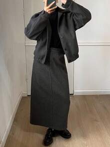 Livesso Women's Autumn/Winter Wool Blend Jacket And A-Line Skirt Two Pieces Suit, Loose Fit Business Casual Commuter Fashion