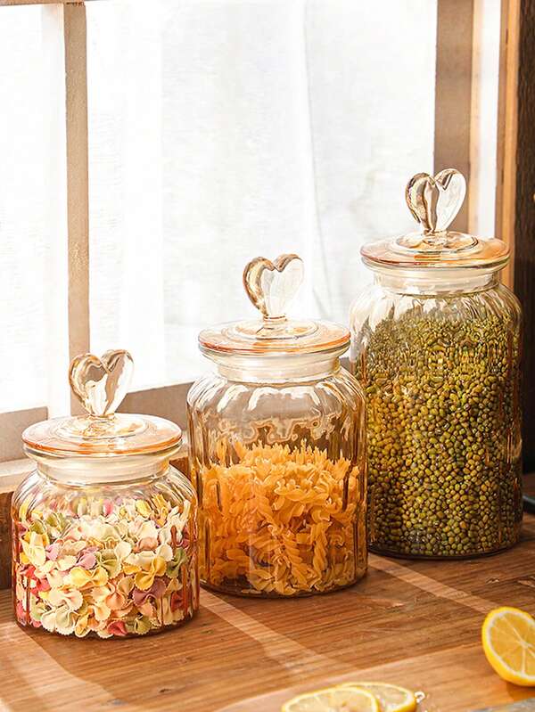 1pc Glass Sealed Jar, Creative Heart Shaped Storage Jar, Amber Color Snack/Candy Jar With Lid, Suitable For Home Use