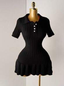 Mistrie 女式针织珍珠纽扣罗纹橙色褶皱迷你连衣裙，短袖性感紧身简约毛衣裙 - 黑色 - 查看 3