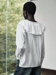 Lumivelle Damen Einfarbiges minimalistisches Langarm-Hemd mit Bindedetail, lässiger Alltags-Look - Weiss - Übersicht 3