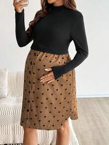 SHEIN Maternity Stand Collar Long Sleeve Patchwork Heart Print Button Design Casual Nursing Dress  Brown - Multicolor - View 3