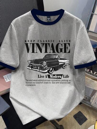 Manfinity Joysei เสื้อยืดสีเทาพิมพ์ลายรถวินเทจสำหรับผู้ชายขนาดมาตรฐาน ดีไซน์ตัดขอบแขนเสื้อสีน้ำเงินกรมท่า เหมาะสำหรับฤดูร้อน, การออกนอกบ้าน, โรงเรียน, ของขวัญให้เพื่อน