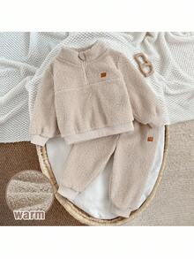 Loomiva 两件套男婴保暖内衬圆领长袖半拉链卫衣和松紧腰裤套装 - 杏色 - 查看 1