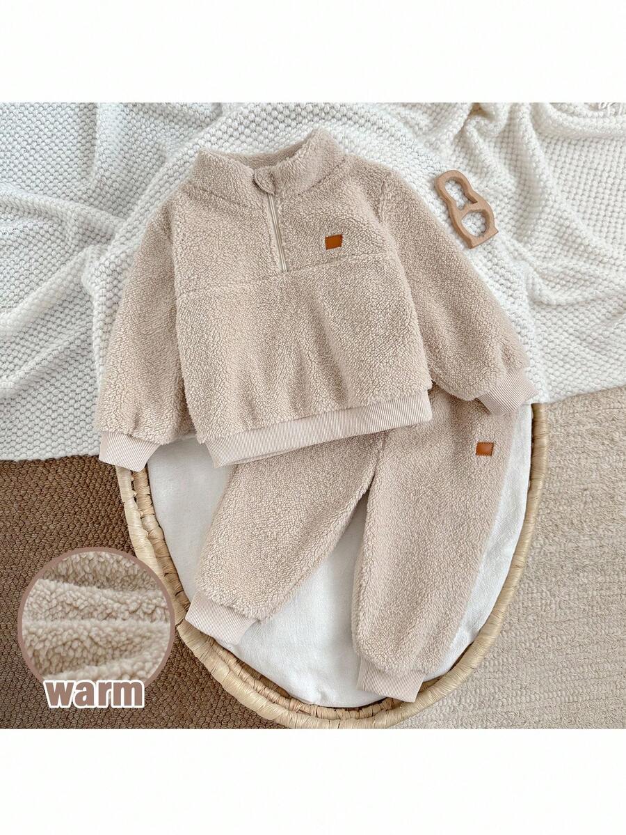 Loomiva 两件套男婴保暖内衬圆领长袖半拉链卫衣和松紧腰裤套装 - 杏色 - 查看 1